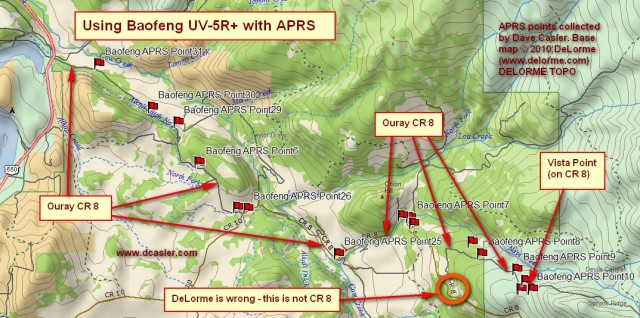 The Baofeng UV-5R+ proved itself competent to work in an APRS setup. The points are along Ouray, Colorado, CR 8 between US Hwy 550 and Vista Point. Click on image for slightly larger version.