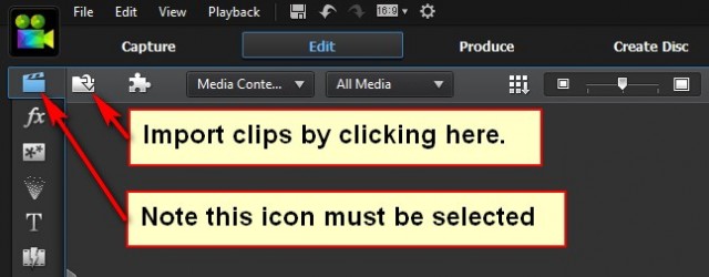 You import clips into PDR's "library" by clicking on the icon shown.